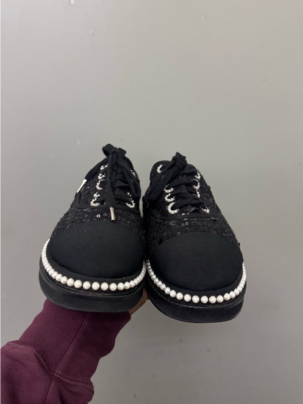 Chanel Black Tweed Sequins Lace Up Pearl Sneaker Shoes Size 37 /US 7 Auth. - Picture 4 of 10